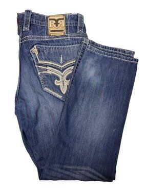 Rock Revival Men Straight Blue Jeans Medium Wash Embroidered Men 36X32
